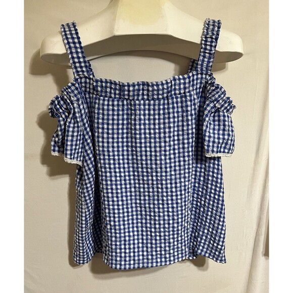 A. Byer  Blouse, Cold Shoulder, Navy & White Checkered Square Dance Western O - Picture 1 of 5